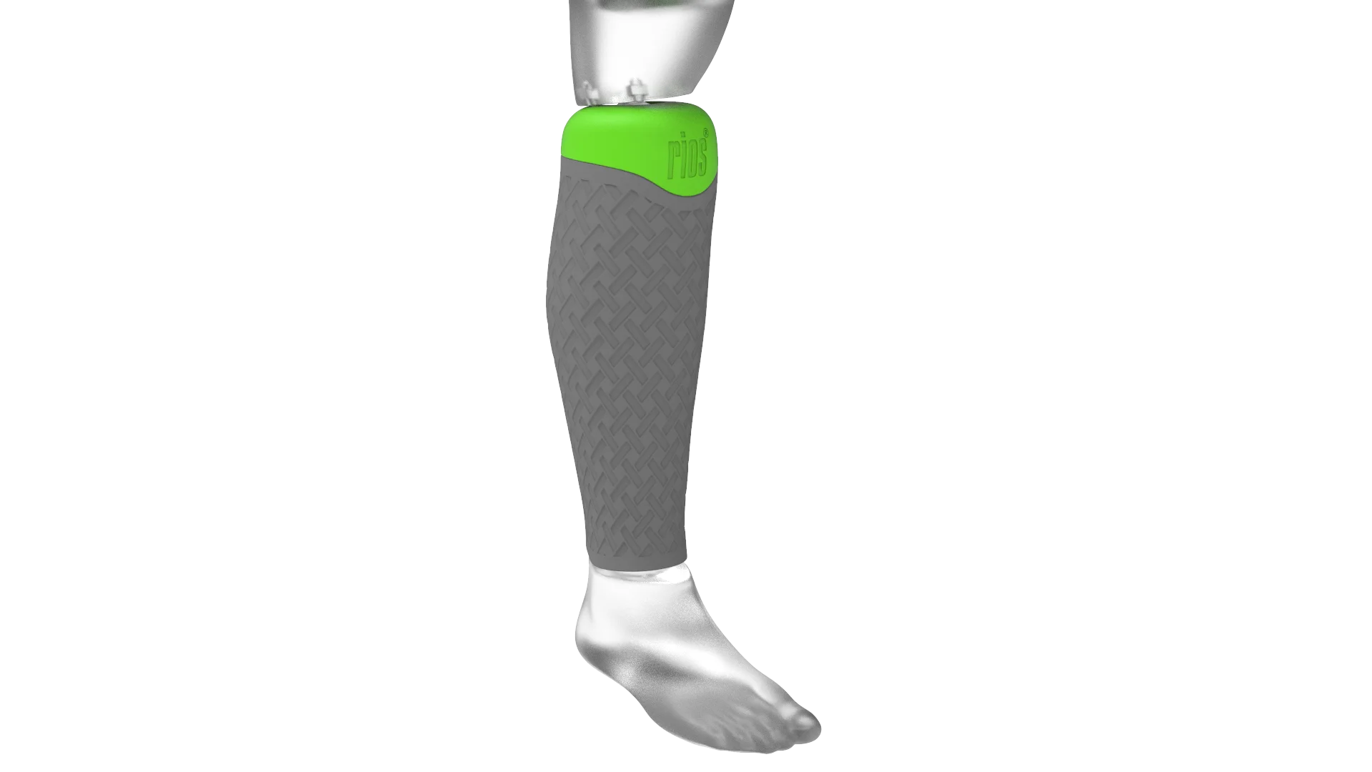 rios Prothesencover aus dem 3D-Druck schafft Ausgleich bei Beinprothese. Seitliche Ansicht andere Muster.